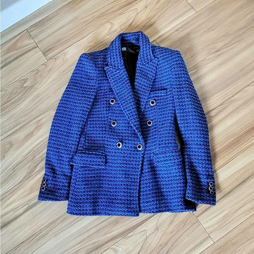 Zara Royal Blue Textured Double-Breasted Blazer - Picture 5 of 16